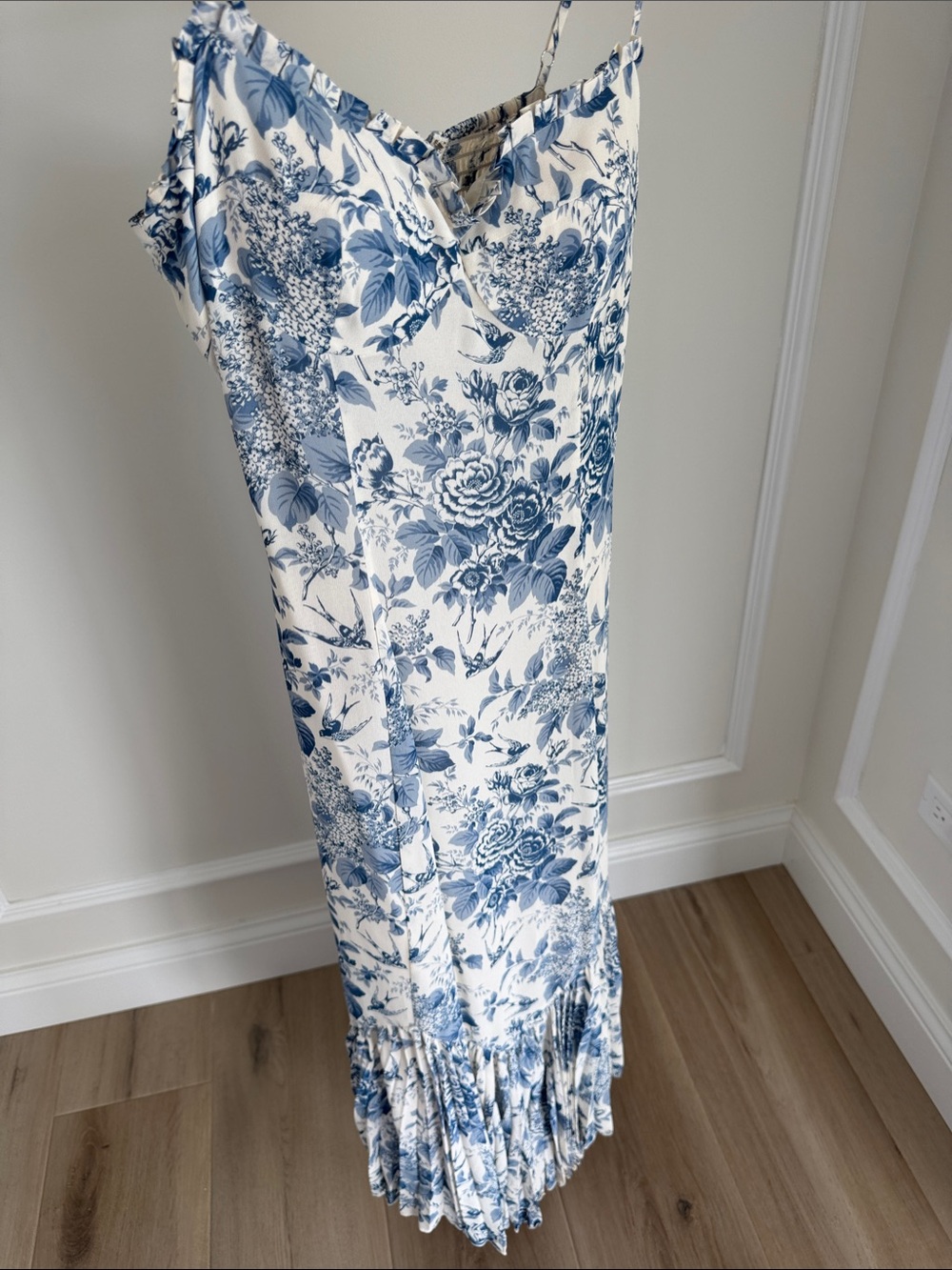 Reformation White Slip Dress with Blue Floral Print